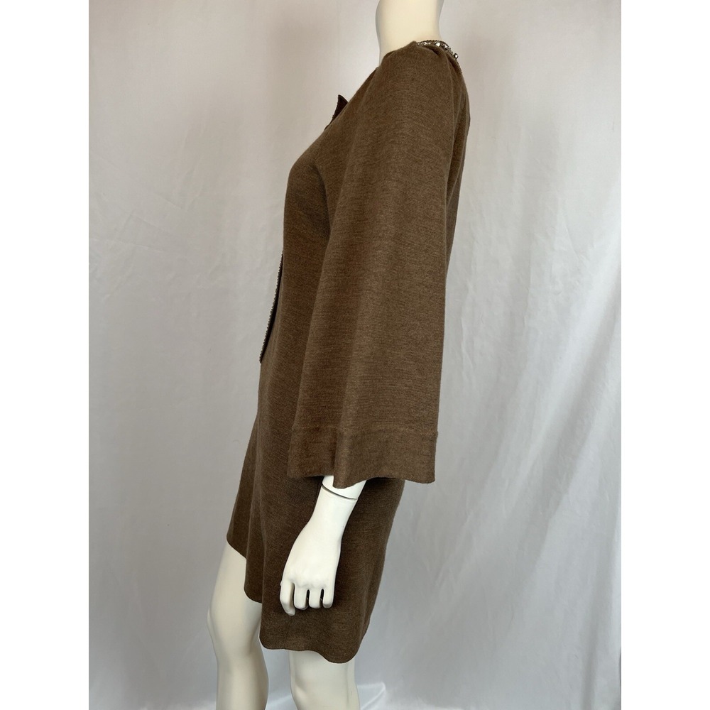 Tracy Reese Beautiful Beaded  Brown Wool Wide Sleeve Shift Dress Small Damaged - Picture 7 of 14